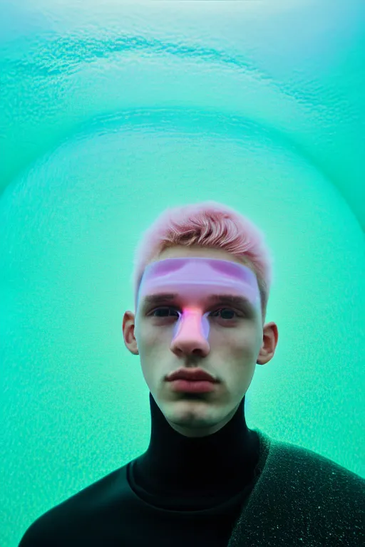 Image similar to high quality pastel coloured film mid angle portrait photograph of a beautiful young 2 0 year old male, soft features, short hair, perspex mask and oversized inflated clothing!!!! icelandic black! rock pool environment. atmospheric three point light. photographic. art directed. ( pastel colours ). volumetric. clearcoat. waves. 8 k. filmic.