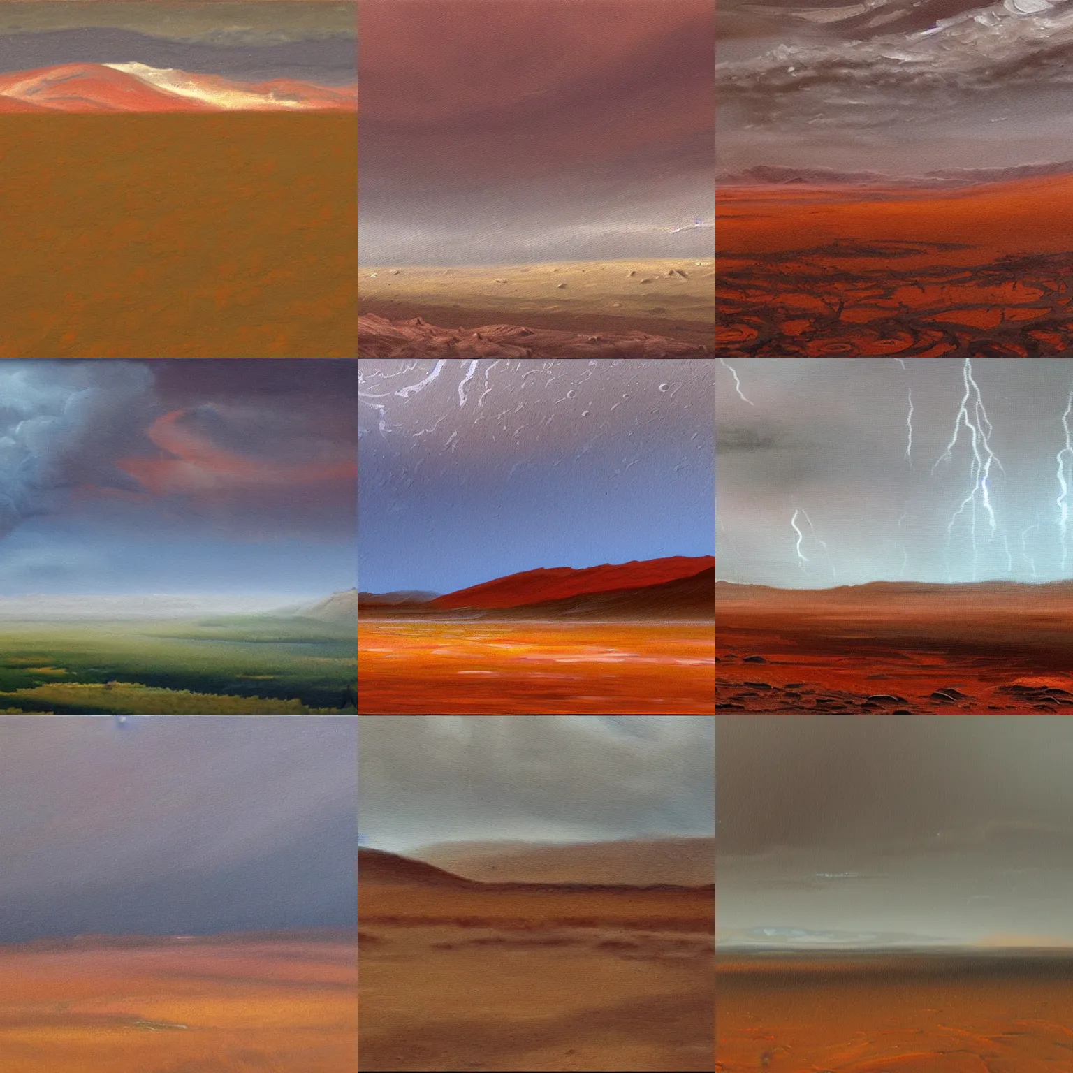 Prompt: A landscape painting of rainy rainstorm weather on wet Mars