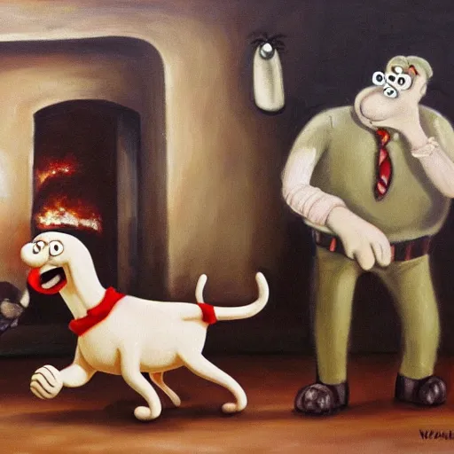 Prompt: oil painting of wallace and gromit killing a man