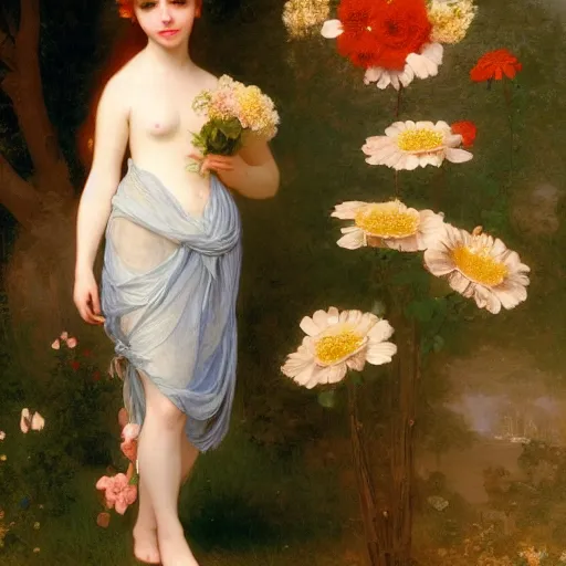 Image similar to An anthropomorphic fox girl with flowers in a dress, by Thomas Cole, William-Adolph Bouguereau, and John Singer Sargent, fox girl holding flowers