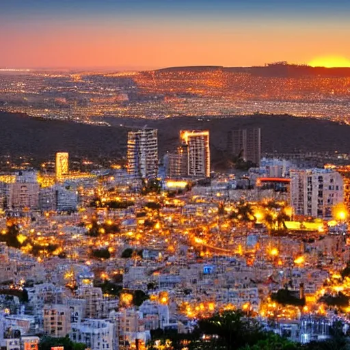 Prompt: a beautiful haifa city with lots of glowing crystals, sunset lighting,