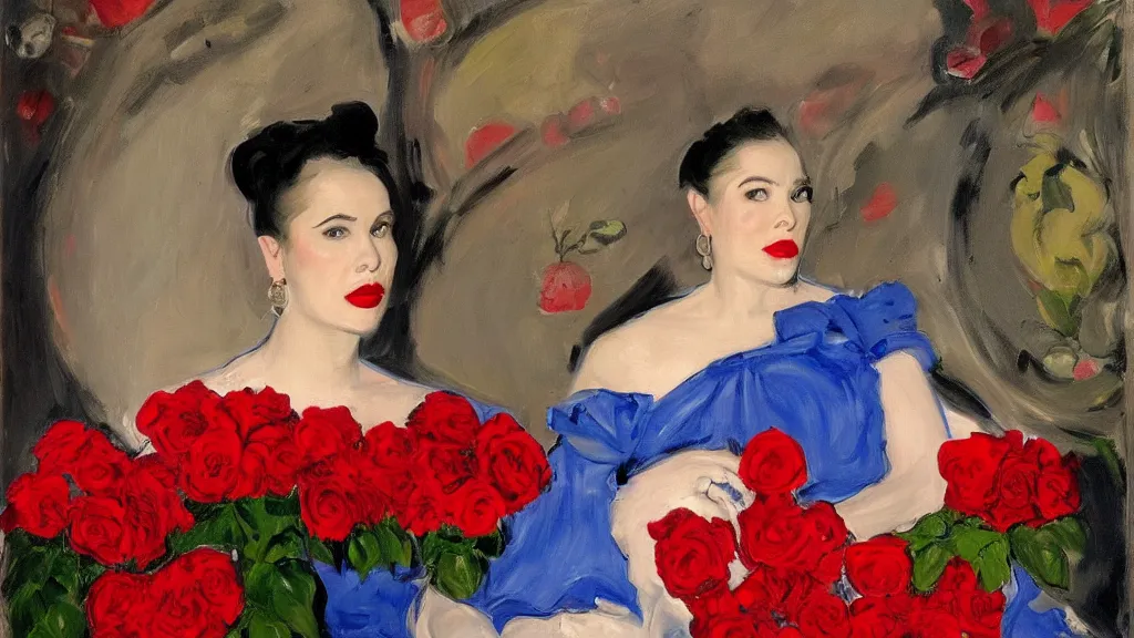 Image similar to portrait of rebekah delrio in mulholland drive, big persian detailed pot of red roses, blue and red lights painted by john singer sargent