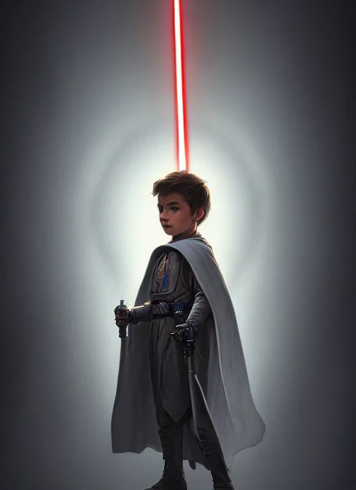 Image similar to perfectly - centered - portrait of a kid wearing grey cloak holding light saber, intricate, highly detailed, digital painting, artstation, concept art, smooth, sharp focus, illustration, unreal engine 5, 8 k, art by artgerm and greg rutkowski and alphonse mucha