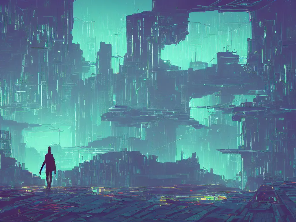 Image similar to synthwave landscape of a lone traveler walking towards a distant cyberpunk castle, complex, cyberspace, grid, holographic, virtual, night, wireframe, by Anton Fadeev, by Alena Aenami, by Paul Lehr, wide angle, highly detailed, cinematic, Blue and Green color scheme