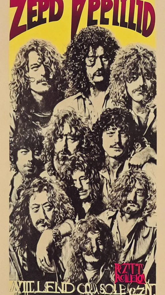 Prompt: Led Zeppelin concert poster circa 1974, Madison Square Garden, colorized, Robert plant, Jimmy Page, guitars, drum kit