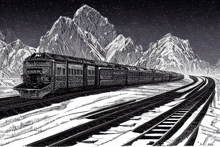 Image similar to trans - siberian express train ultrafine drawing by joe fenton and syd mead and p. craig russell and barry windsor - smith, artstation, 4 k, graphic novel, concept art, matte painting, beautiful russian winter landscape sunset background, golden hour, art nouveau, sharp