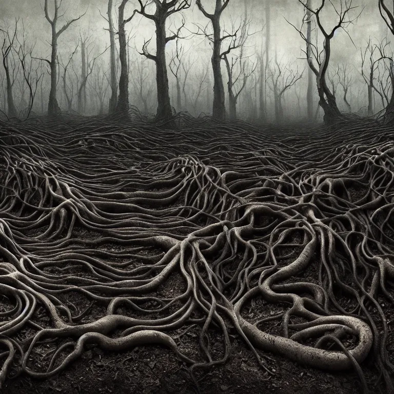 Image similar to still life of ribbed abandoned forest landscape, covered with roots, wires, tubes, standing in a desolate empty wasteland, creepy, nightmare, dream-like heavy atmosphere, surreal abandoned buildings, baroque painting, beautiful detailed intricate insanely detailed octane render trending on Artstation, 8K artistic photography, photorealistic, chiaroscuro, Raphael, Caravaggio, Beksinski, Giger
