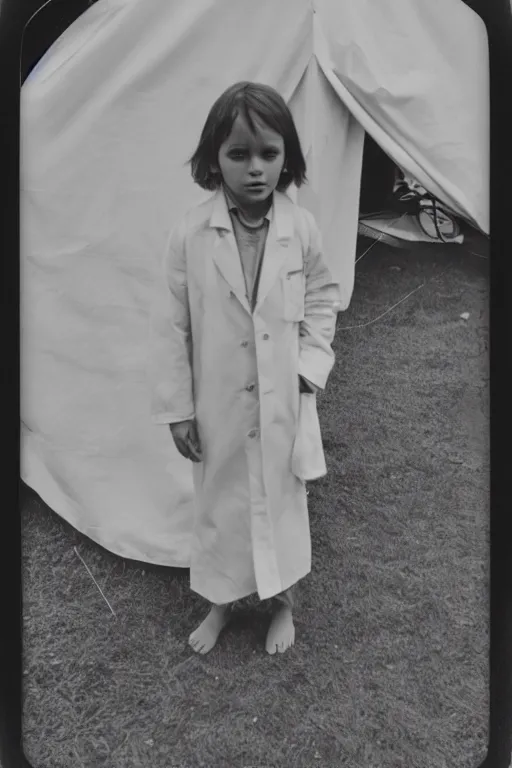 Image similar to photo polaroid of a sad and lonely child in a white coat and barefoot stands in the middle from behind the camera many big tents of field hospitals, pandemic, covid, loneliness, black and white ,photorealistic, 35mm film,