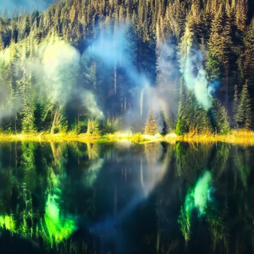 Prompt: rainbow neon sign half circle in water reflected on misty mountain lake at midday, surrounded by beautiful forest, sunny summertime sunlit daylight, twisting smoke bomb, hdr, smoke on water, 4 k, award winning photography, volumetric lighting, artstation