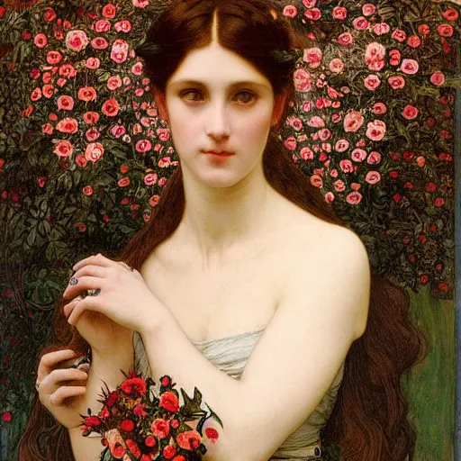 Prompt: Symmetric Pre-Raphaelite painting of a beautiful woman with dark hair and intense white eyes in a transparent silk dark red dress, surrounded by a halo frame of flowers and a highly detailed mathematical drawings of neural networks and geometry by Doré and Mucha, by John William Waterhouse, Pre-Raphaelite painting