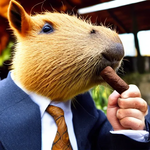 Image similar to an accurate capybara wearing a business suit and smoking a cigar in his mouth