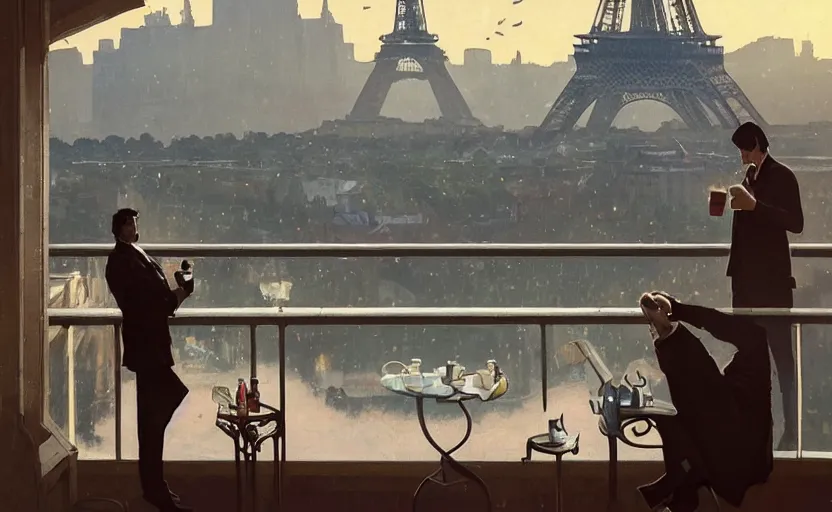 Image similar to elegant man drinking coffee at balcony in france, city with eiffel tower seen behind, late night sunset, city living, detailed characters, by greg rutkowski, alphonse mucha, beeple, sharp focus, digital art, smooth, light refraction, pixiv art, volumetric lighting, makoto shinkai