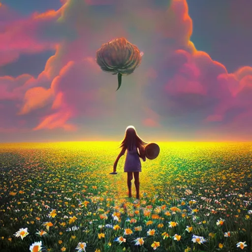 Image similar to giant daisy flower as a head, girl walking in flower field, surreal photography, sunrise, dramatic light, impressionist painting, colorful clouds, digital painting, artstation, simon stalenhag