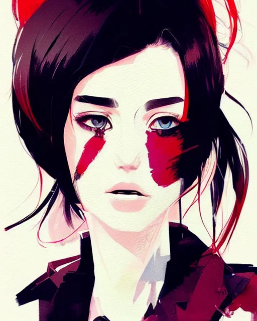 Image similar to a ultradetailed beautiful panting of a stylish woman wearing a shirt with a tie, she has black hair, by conrad roset, greg rutkowski and makoto shinkai, trending on artstation