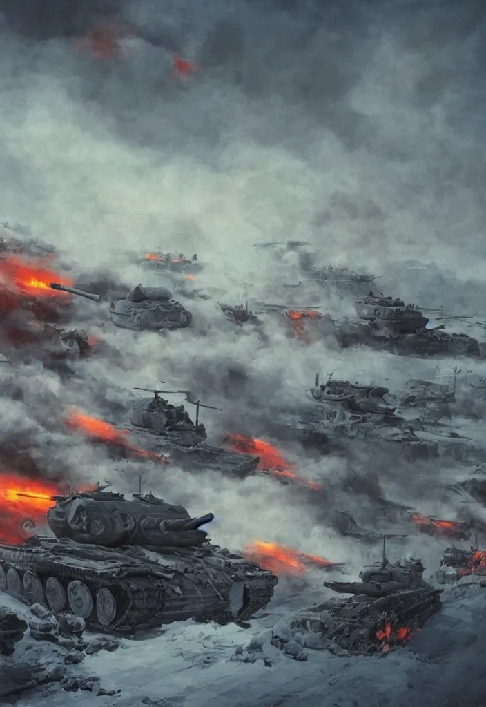 Image similar to handmade illustration of an epic World War II war scene in the winter with nazi and soviet tanks, some smoke and fire, blue sky with dramatic clouds, line art, ballpoint, oil on canvas by Kilian Eng and by Jake Parker, heavy brushstrokes, winning-award masterpiece, fantastic, octane render, 8K HD Resolution, High quality image