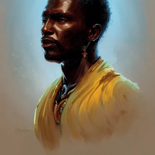 Prompt: A portrait of the slave king of africa, in the style of in the style of Greg Rutkowski, heavenly bright light, style of Charles Sillem Lidderdale, artstation