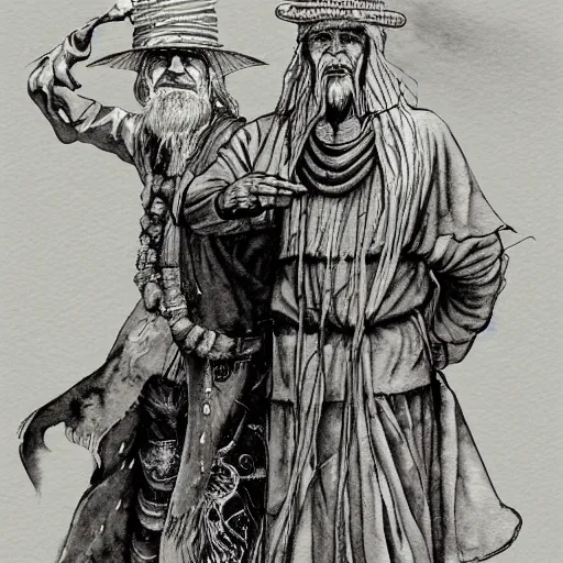 Image similar to old shaman and american man near him, old mexican magician closes eyes, gray haired, a 3 / 4 view watercolor ink painting, in the style of jean giraud in the style of moebius trending on artstation deviantart pinterest detailed realistic hd 8 k high resolution