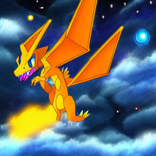 Prompt: charizard from pokemon flying into space and time above the clouds, the stars and galaxies are shining bright, ue 5, award winning, sharp focus, illustration