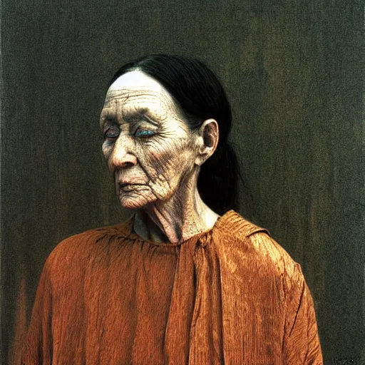 Prompt: portrait of 150 years old girl, painting by Beksinski