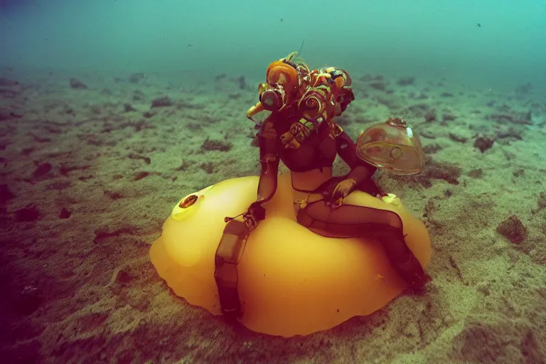 Prompt: high-angle view of a Ukrainian lush female jellyfish human hybrid wearing vacuum tube amp roman armor and transparent amber neck guard with transparent digital number readout floating in front of face, sitting inside of an underwater airport terminal with a large submarines in the horizon silt rising from the seabed floor, filing cabinets in the sand, ektachrome color photograph, volumetric lighting, off-camera flash, 24mm f8 aperture