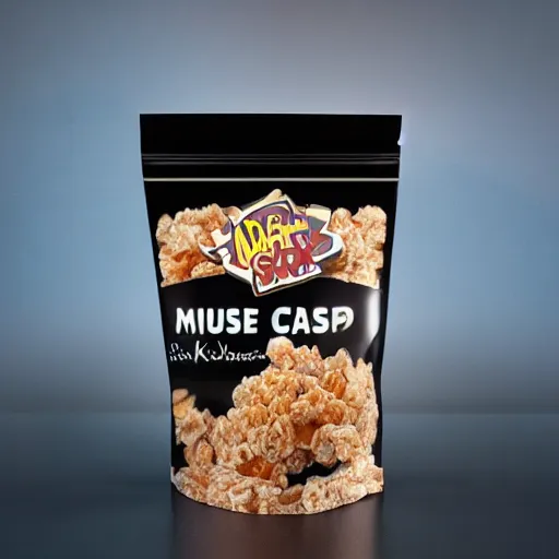 Image similar to a professional photo of a new package for Mouse Krisp Cat Snax, dramatic cinematic studio lighting