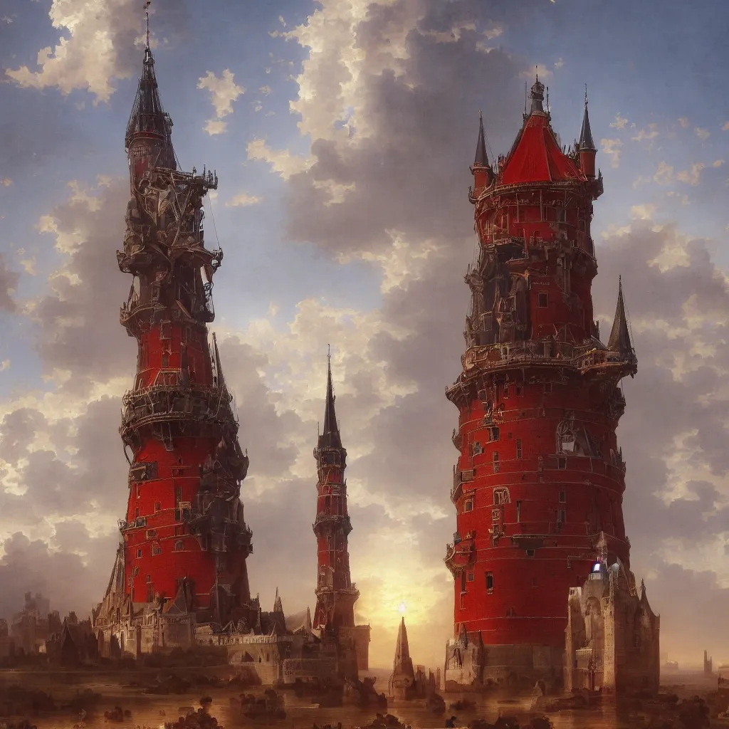 Image similar to Highest tower standing over all other towers, the great tower of Holland, intricate, elegant, highly detailed, warm bright red white and blue light, tower reaching the heavens, god giving approval to tower, colossal tower, digital painting, artstation, concept art, smooth, detailed oil painting by Bouguereau