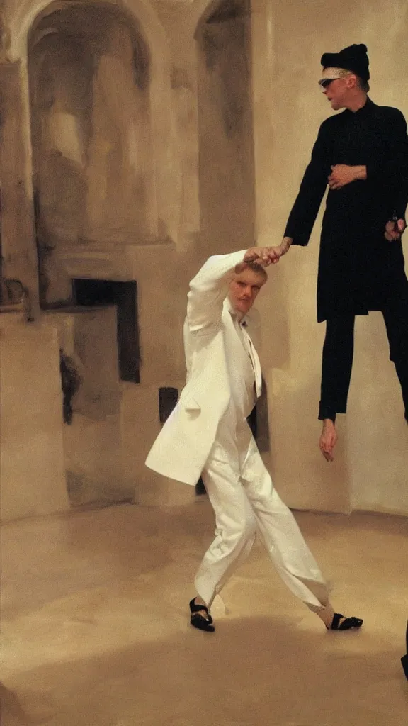 Image similar to ali khamenei dance with david bowie in botanical room by john singer sargent, cinematic, detailed