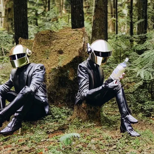 Prompt: A Daft Punk wolf pack are drinking beer in the forest