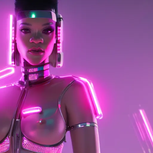 Image similar to cinematic, photography, a beautiful rihanna cyborg, perfect bionic body, pink chrome armor, neon holographic ui data displays, pink space gun, hajime sorayama, masamune shirow, octane rendered, 4 k, lens flare,