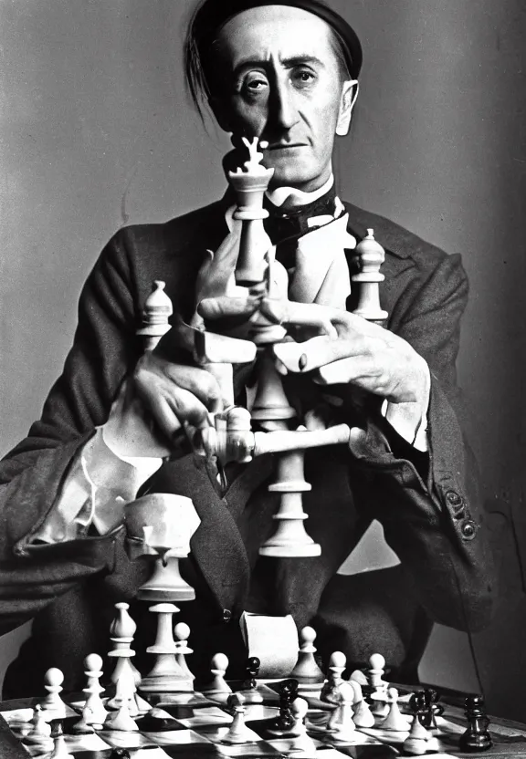 Image similar to marcel duchamp holding up a chess - piece wire - machine, a surrealist painting by marcel duchamp, complex artificial - intelligence machinery, flickr contest winner, studio portrait, 1 9 2 0 s