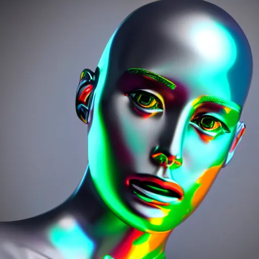 Image similar to 3d render of holographic human robotic head made of glossy iridescent, surrealistic 3d illustration of a human face non-binary, non binary model, 3d model human, cryengine, made of holographic texture, holographic material, holographic rainbow, concept of cyborg and artificial intelligence