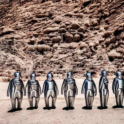 Prompt: Contamporary art fashion photography of ultra mega super hyper realistic detailed group of monkey's in suits standing around very highly detailed stainless steel monolith situated in the desert. Photo shot on ultra mega super hyper Leica Camera