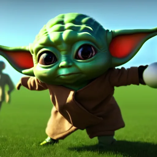 Prompt: baby yoda coaches a soccer team of oompa loompas, lucasfilm, realistic render, trending on artstation, octane render, unreal engine