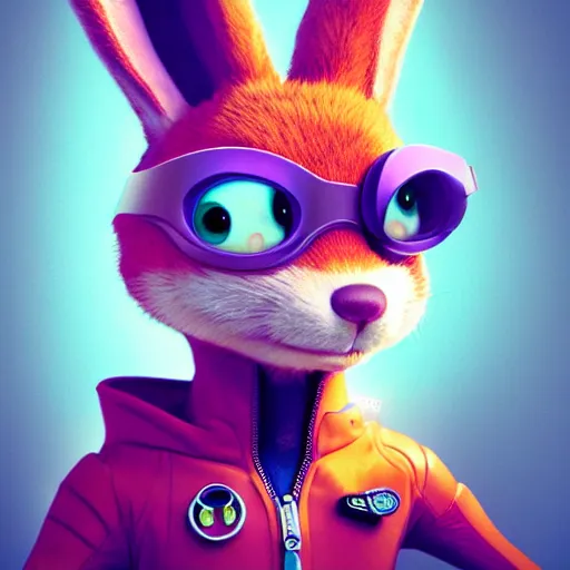 Image similar to portrait of a super cute cyberpunk bunny, a carrot, pixar, zootopia, cgi, blade runner. trending on artstation