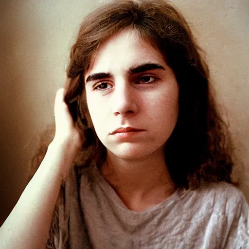 Prompt: a portrait photo of 20 year old female Larry David, with a sad expression, looking forward