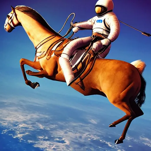 Image similar to a! horse! riding on a cosmonaut photorealistic