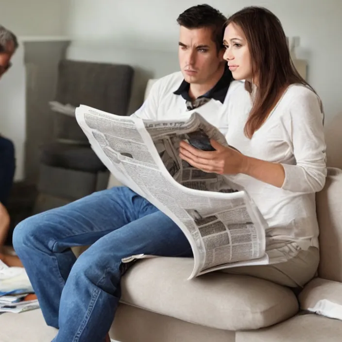Prompt: man sitting in chair reading newspaper with attractive wife standing behind him