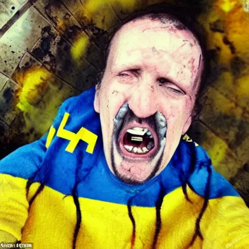 Image similar to last selfie of frightened funny damaged to bones ukrainian bleeding in dirty yellow and blue rags, nuclear rocket explosion at background