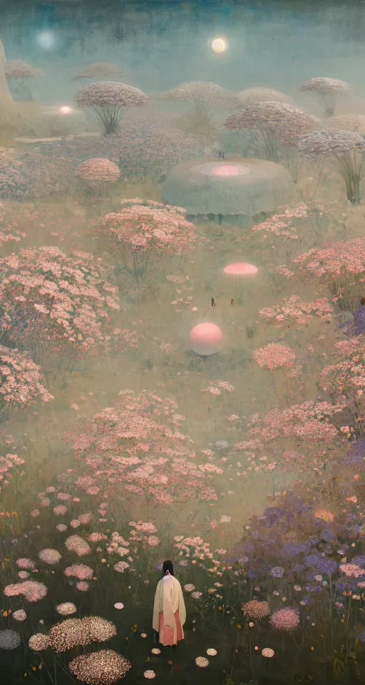 Image similar to blossoming village of distant life, rhythm, imperil, illusion, digital painting by greg rutkowski, hilma af klint, moebius, victo ngai, sharp focus, global illumination, highly detailed, masterpiece, award winning, post processing