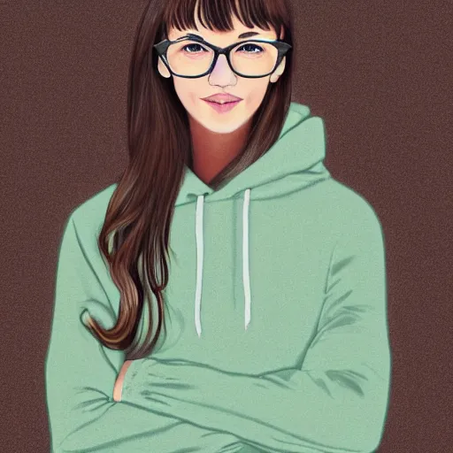 Prompt: portrait of a teenage girl with bangs, brown hair and bangs, round silver glasses, wearing a pastel green hoodie with black sleeves, digital art, elegant pose, detailed illustration with thick lineart