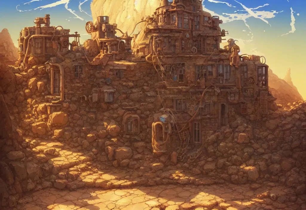 Image similar to an old steampunk house in a desert with piles of rocks in the background, intricate oil painting, high detail illustration, sharp high detail, manga and anime 1 9 9 9, official fanart behance hd artstation by jesper ejsing and makoto shinkai, 4 k,