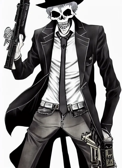Image similar to shin megami tensei art of a demon that is a skeleton mafia gangster from 1 9 3 0 s holding a tommygun!!! wearing a fedora, art by kazuma kaneko, demonic! compedium!, digital drawing, law - alligned, white background, high quality, highly detailed