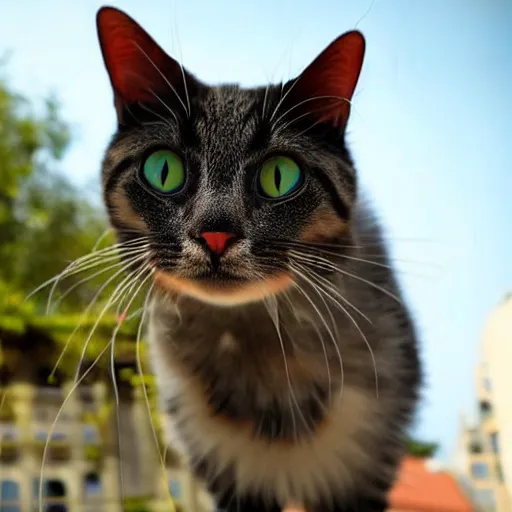 Prompt: close-up of cat looking at camera, fisheye effect