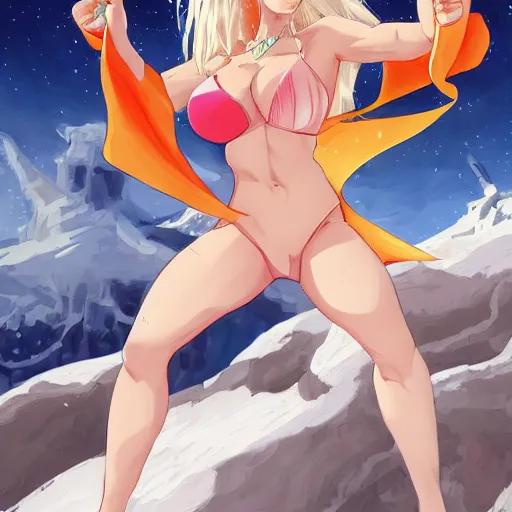 Image similar to bicolor - eyed blonde super muscular anime girl warrior in bikini riding a polar bear in the snowy mountains background, digital painting, illustration by james jean and artgerm and mina petrovic and timothy kong and marina federovna, artstation