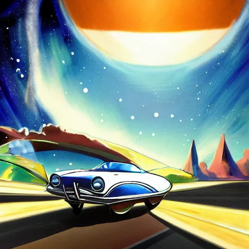 Image similar to 1960s car on a road in space driving towards a planet, trending on art station