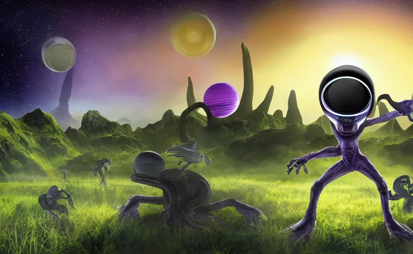 Image similar to big-headed grey alien with large black eyes holding an energy rifle on an alien planet with purple soil, green sky, blue and yellow fauna, alien creatures in the background, highly detailed, high quality, HD, 4k, 8k, Canon 300mm, professional photographer, 40mp, lifelike, top-rated, award winning, realistic, sharp, no blur, edited, corrected, trending