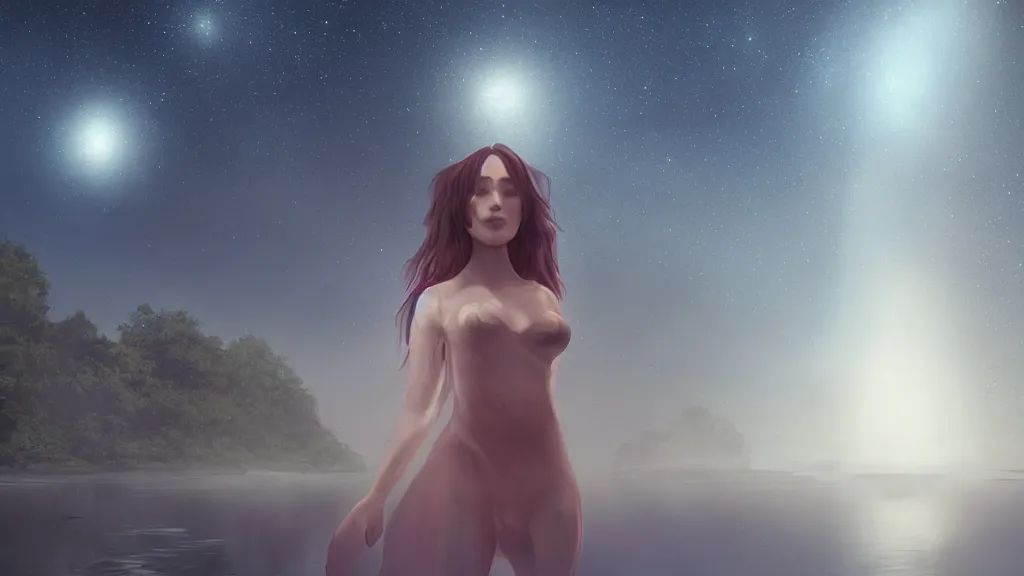 Prompt: whimsical, a single beautiful playful woman, standing in a lake, under the stars, with a binary black hole with a ring in the sky, by Lois van Baarle, by Greg Rutkowski, by Ilya Kuvsninov, cinematic angle, face enhance, volumetric lighting, cinematic lighting, digital art, 4k resolution, octane render, trending on artstation, masterpiece