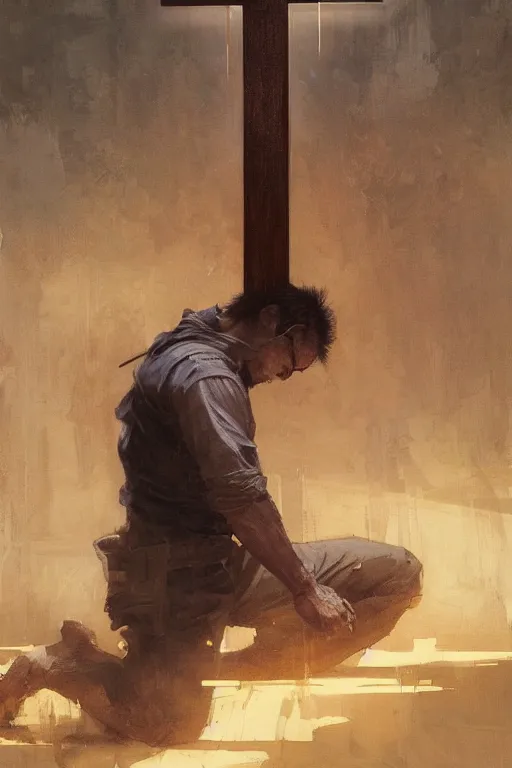 Image similar to man kneeling at the foot of a wooden cross, dramatic lighting art by Yoji Shinkawa by Richard Schmid by greg rutkowski by Sandra Chevrier by Jeremy Lipking cinematic dramatic, by frank miller, illustration by Ruan Jia and Mandy Jurgens and William-Adolphe Bouguereau, Artgerm, 4k, digital art, surreal, space dandy style, highly detailed, godsend, artstation, digital painting, concept art, smooth, sharp focus, illustration by Ruan Jia and Mandy Jurgens and William-Adolphe Bouguereau, Artgerm