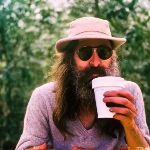 Image similar to portrait of a hippie drinking a coffee on the surface of the sun, kodak portra,