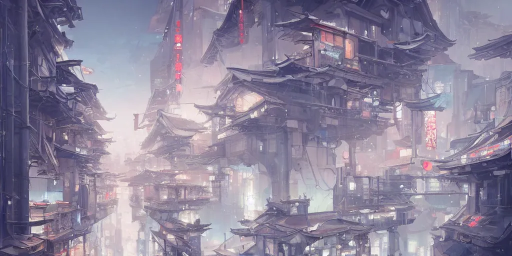 Image similar to japan's architectural street, snow in the city, buildings surrounded by cherry trees, cyberpunk, trends in artstation by peter mohrbacher,